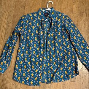 Men's Blue Gingerbread Pattern Casual Button Down Shirt